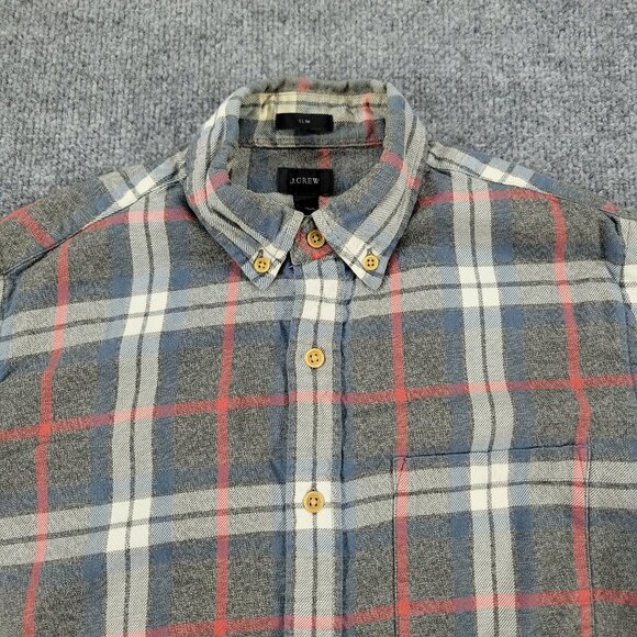 J Crew Button Shirt Men's Small Gray Red Plaid Flannel Long Sleeve Pocket Adult - Picture 2 of 14